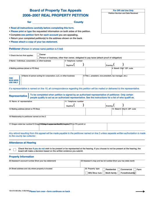 Fillable Form 150 310 063 Board Of Property Tax Appeals 2006 2007 