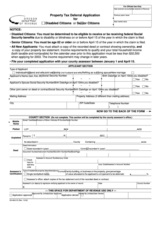 Fillable Form 150 490 015 Property Tax Deferral Application For 