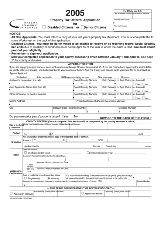 Fillable Form 150 490 015 Property Tax Deferral Application For
