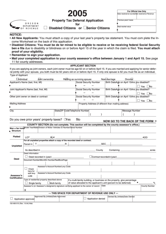 Fillable Form 150 490 015 Property Tax Deferral Application For 