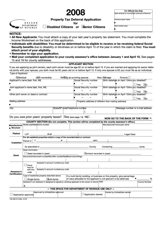 Fillable Form 150 490 015 Property Tax Deferral Application For 