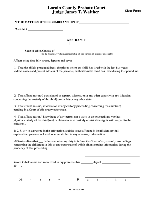 Fillable Form 16 1 Affidavit Lorain County Probate Court Printable 