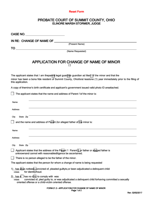 Fillable Form 21 2 Application For Change Of Name Of Minor Probate