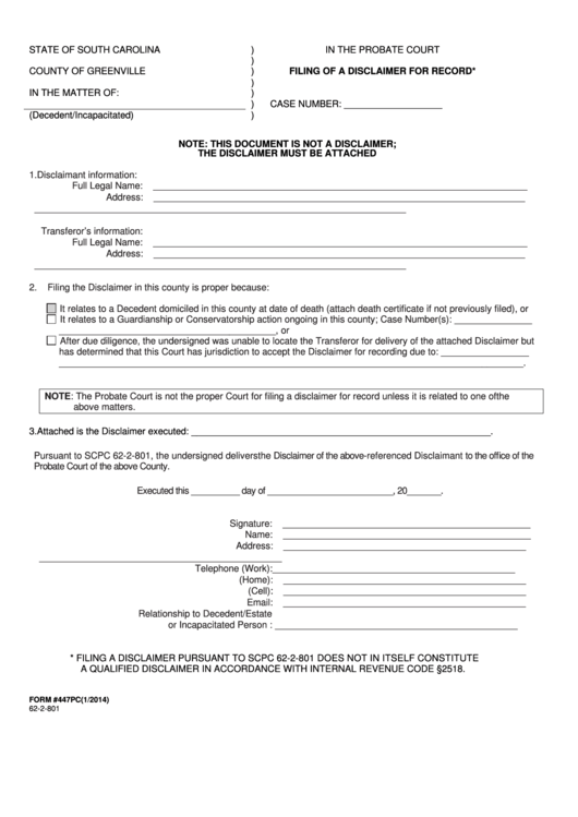 Fillable Form 447pc Filing Of A Disclaimer For Record County Of