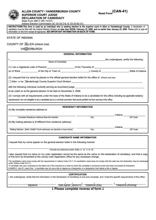 Fillable Form 48517 Allen County Vanderburgh County Superior Court 