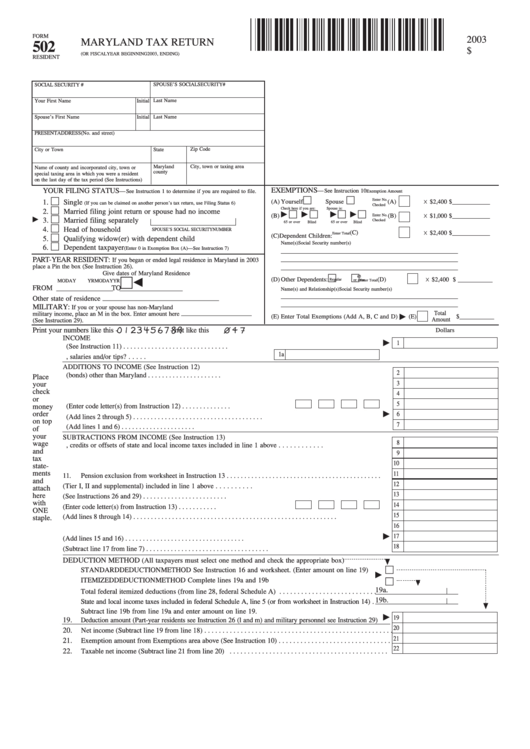 Fillable Form 502 Maryland Tax Return 2003 Printable Pdf Download