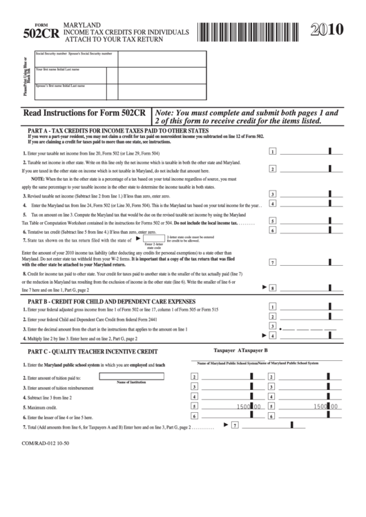 Fillable Form 502cr Maryland Income Tax Credits For Individuals 