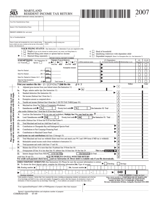 Fillable Form 503 Maryland Resident Income Tax Return 2007 