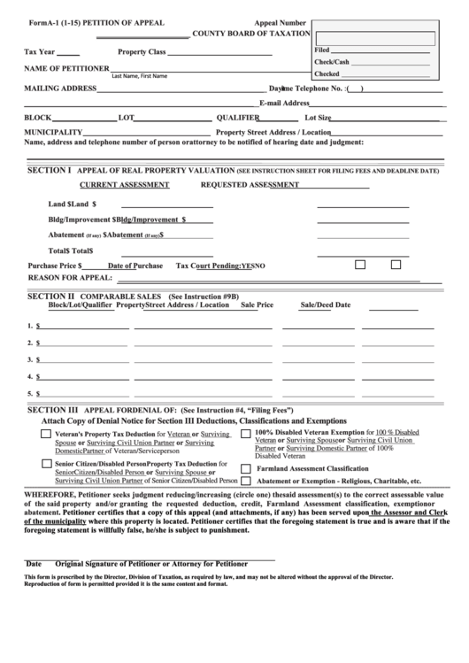 Fillable Form A 1 Petition Of Appeal County Board Of Taxation 2015 