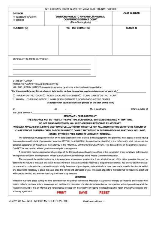 Fillable Form Clk ct 423 Summons Notice To Appear For Pretrial 