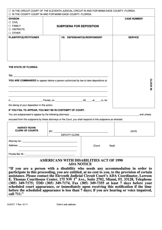 Fillable Form Clk ct 7 Subpoena For Deposition Printable Pdf Download