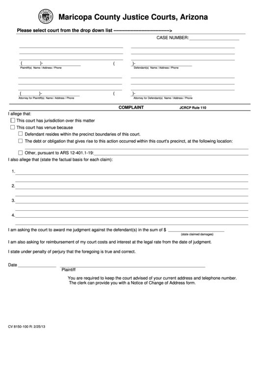 Fillable Form Cv 8150 100 Complaint Maricopa County Justice Courts 