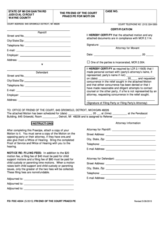 Fillable Form Fd foc 4004 Friend Of The Court Praecipe Printable Pdf 