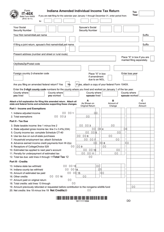 Fillable Form It 40x Indiana Amended Individual Income Tax Return 