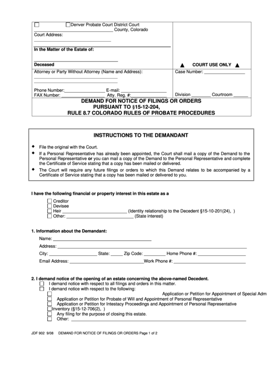 Fillable Form Jdf 902 Demand For Notice Of Filings Or Orders Colorado 