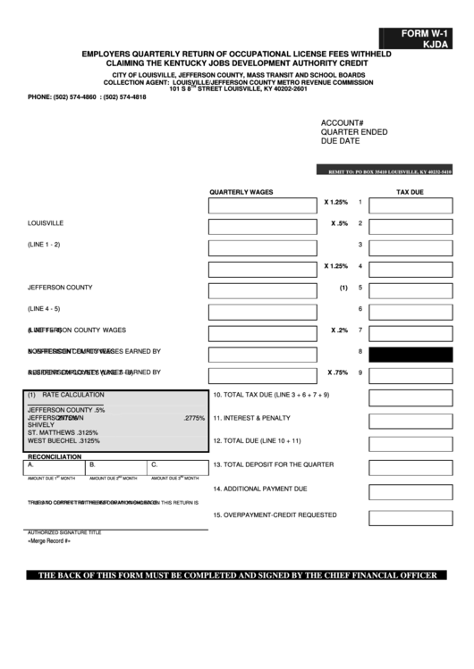 Fillable Form W 1 Kjda Employers Quarterly Return Of Occupational 