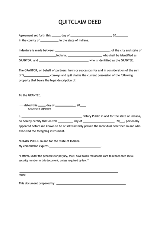 Fillable Indiana Quit Claim Deed Form Printable Pdf Download