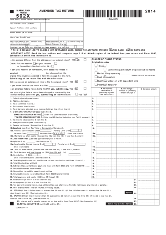 Fillable Maryland Form 502x Amended Tax Return 2014 Printable Pdf 