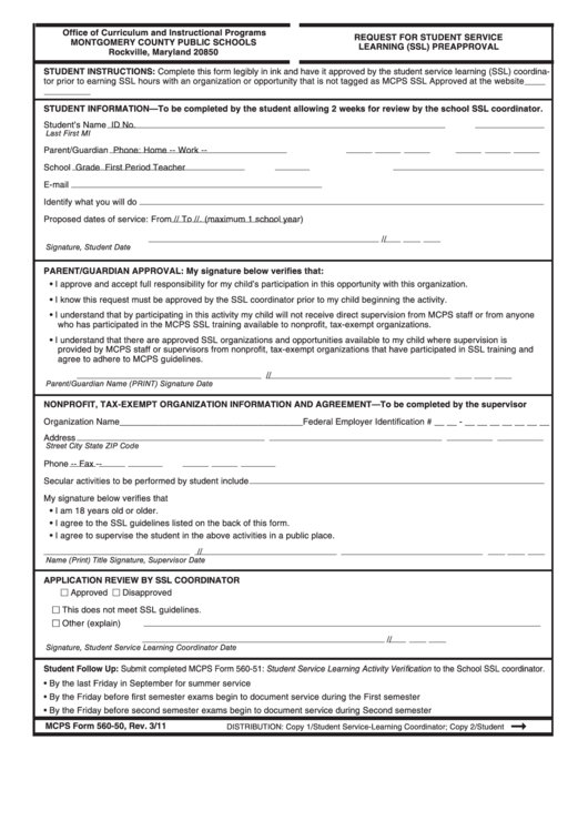 Fillable Mcps Form 560 50 Request For Student Service Learning Ssl 