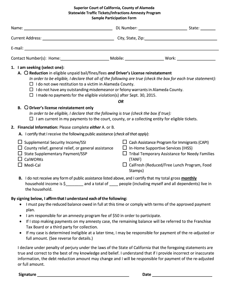 Fillable Online Alameda Courts Ca Traffic Ticket Amnesty Form Fax Email