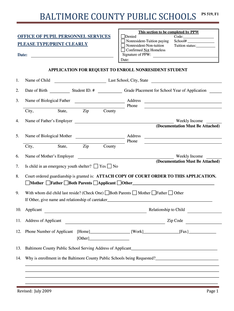 Fillable Online Bcps PS 519 F1 Application For Request To Enroll 