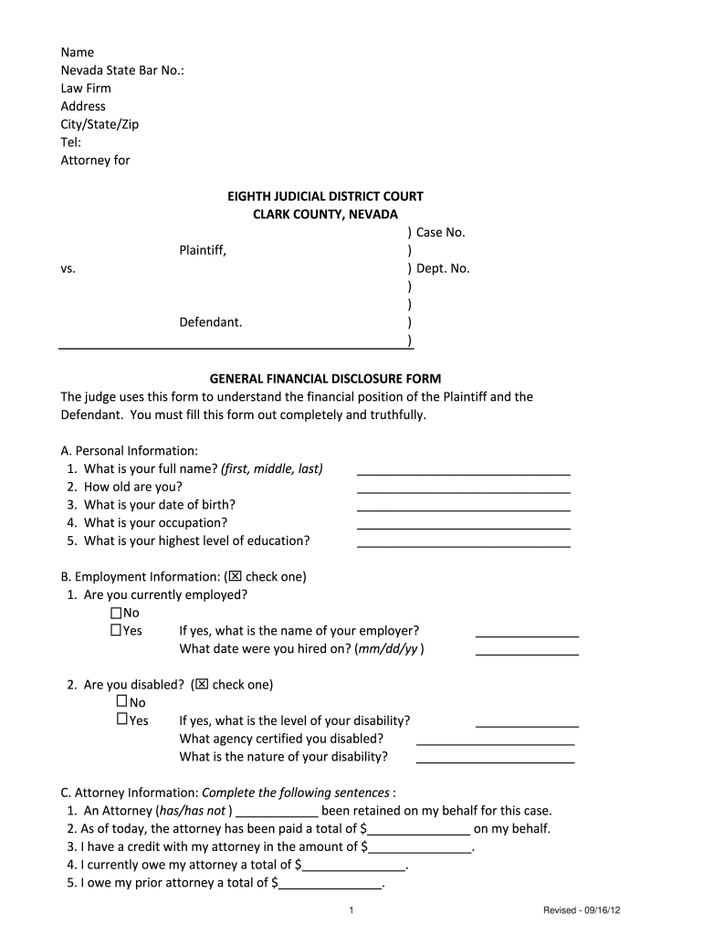 Fillable Online Clarkcountycourts Financial Disclosure Form Clark 