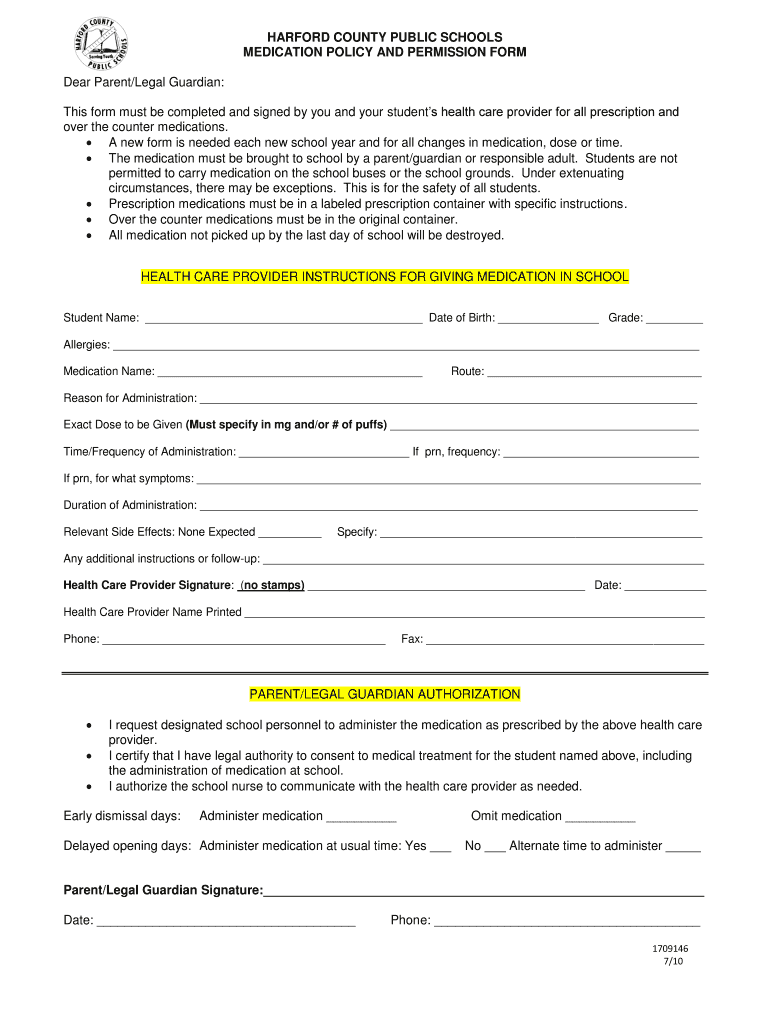 Fillable Online Hcps Medication Policy And Permission Form Harford 