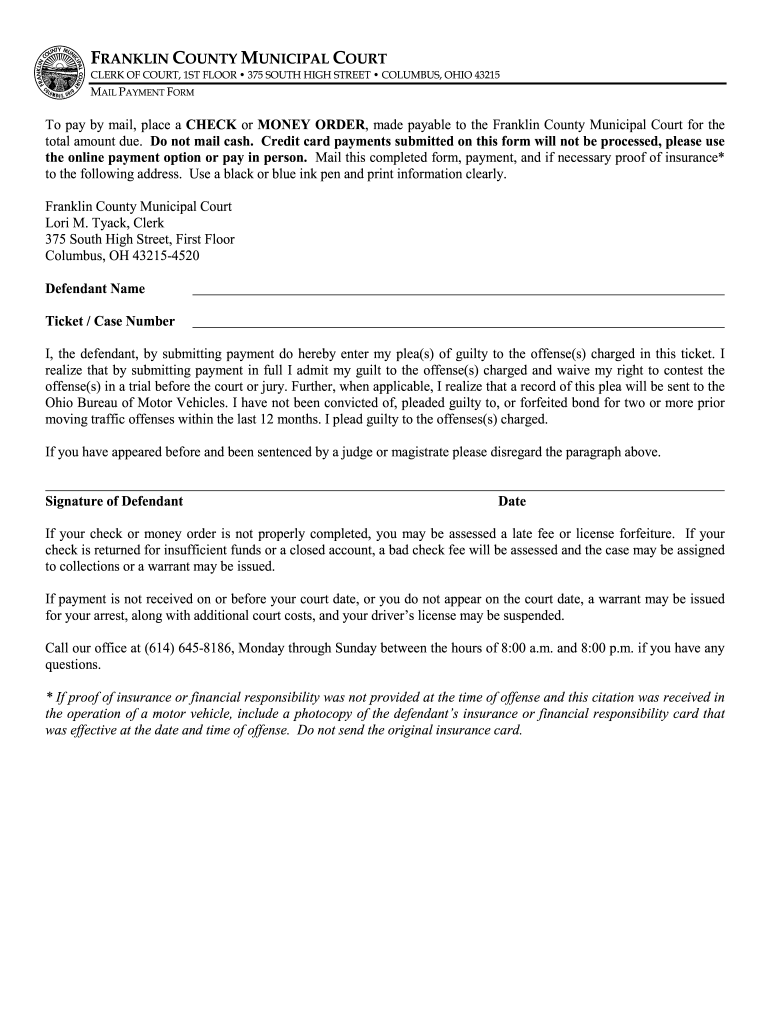 Fillable Online Mail Payment Form Franklin County Municipal Court 