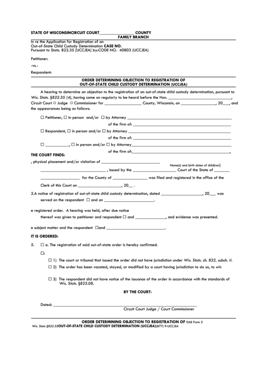 Fillable Order Determining Objection To Registration Of Out Of State 