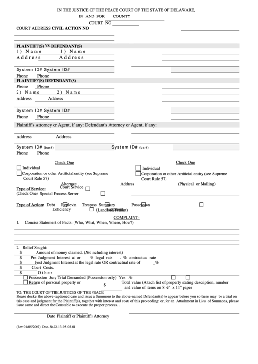 Fillable Peace Court Of The State Of Delaware Court Form Printable Pdf