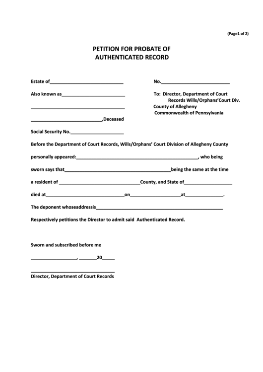 Fillable Petition For Probate Of Authenticated Copy Of Will Decree Of 