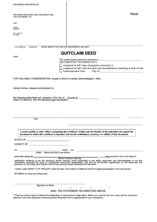 Fillable Quitclaim Deed Ventura County Clerk And Recorder Printable