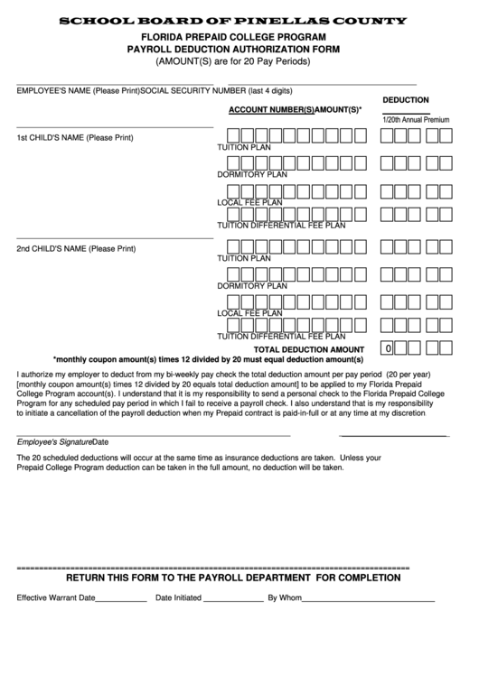 Fillable School Board Of Pinellas County Florida Payroll Deduction Form 