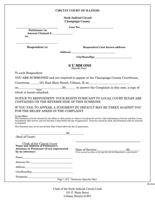 Fillable Summons Form Circuit Court Of Illinois Printable Pdf Download