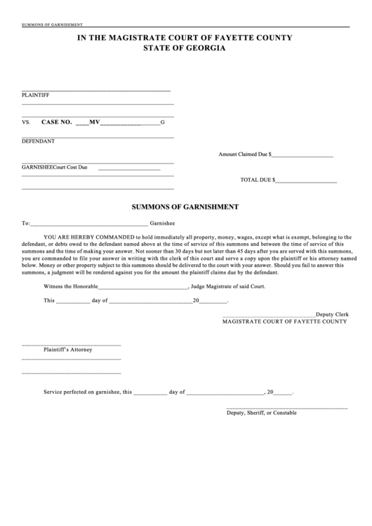 Fillable Summons Of Garnishment Form Magistrate Court Of Fayette