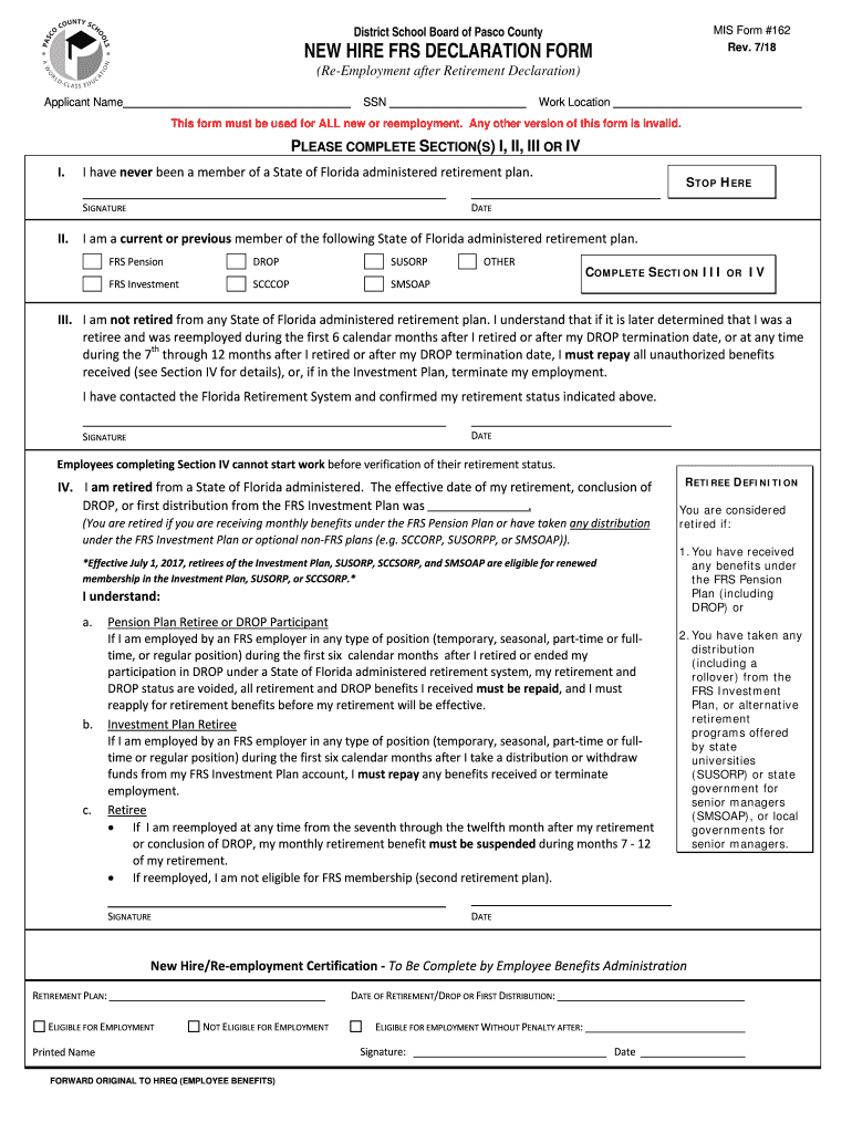 FL Pasco County Schools MIS Form 162 2018 Fill And Sign Printable