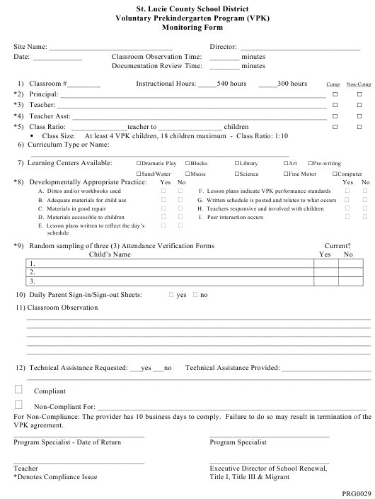 Florida Voluntary Prekindergarten Program Vpk Monitoring Form St