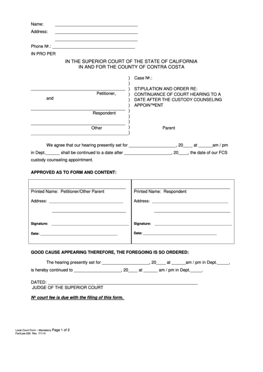 Form 230 Changing The Date Of Court Hearing County Of Contra Costa