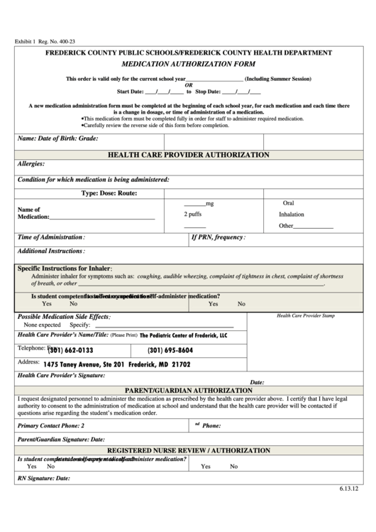 Form 400 23 Medication Authorization Form Printable Pdf Download