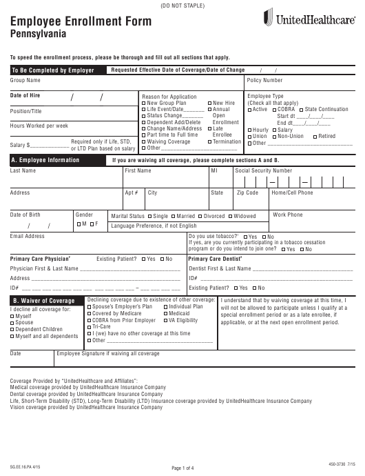 Form 450 3730 Download Fillable PDF Or Fill Online Employee Enrollment 