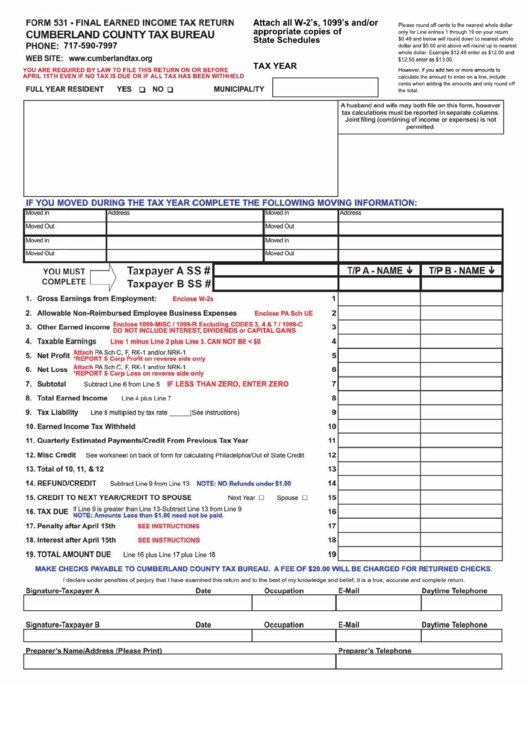 Form 531 Final Earned Income Tax Return Cumberland County Printable