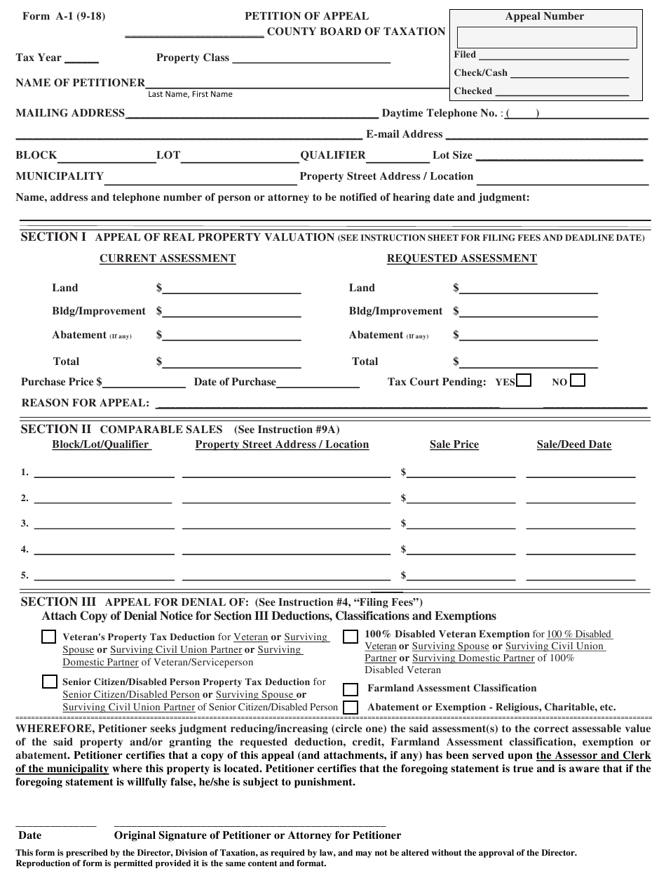 Form A 1 Download Fillable PDF Or Fill Online Petition Of Appeal New 