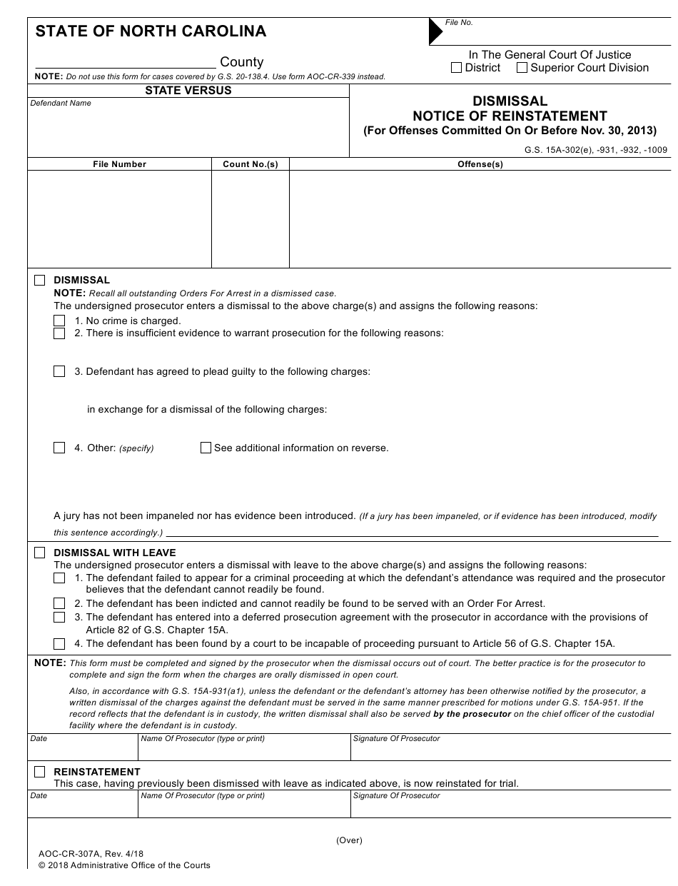 Form AOC CR 307A Download Fillable PDF Or Fill Online Dismissal Notice 