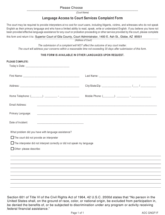 Form AOC GNGF1F Download Fillable PDF Or Fill Online Language Access To
