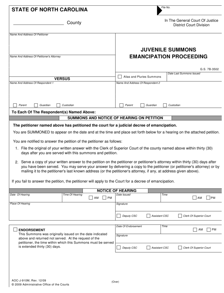 Form AOC J 910M Download Fillable PDF Or Fill Online Juvenile Summons 