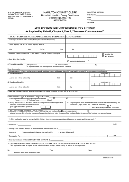 Form Bk209 Application For New Business Tax License Hamilton County 