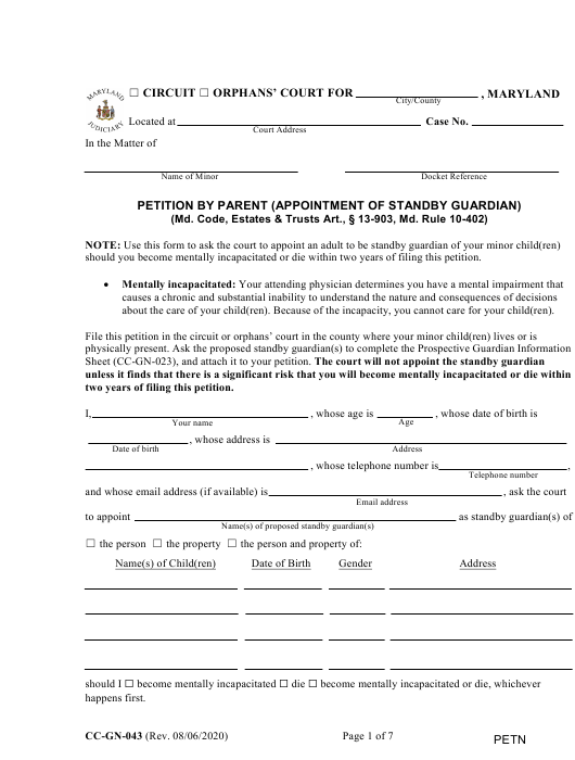 Form CC GN 043 Download Fillable PDF Or Fill Online Petition By Parent 