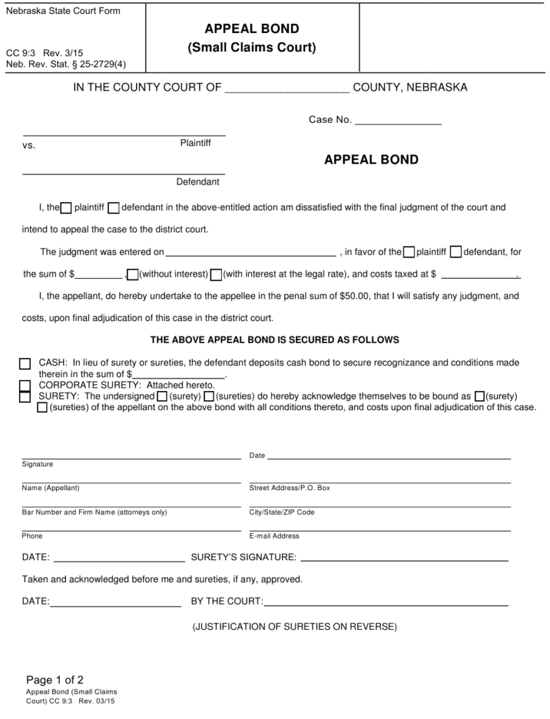 Form CC9 3 Download Fillable PDF Or Fill Online Appeal Bond Small 