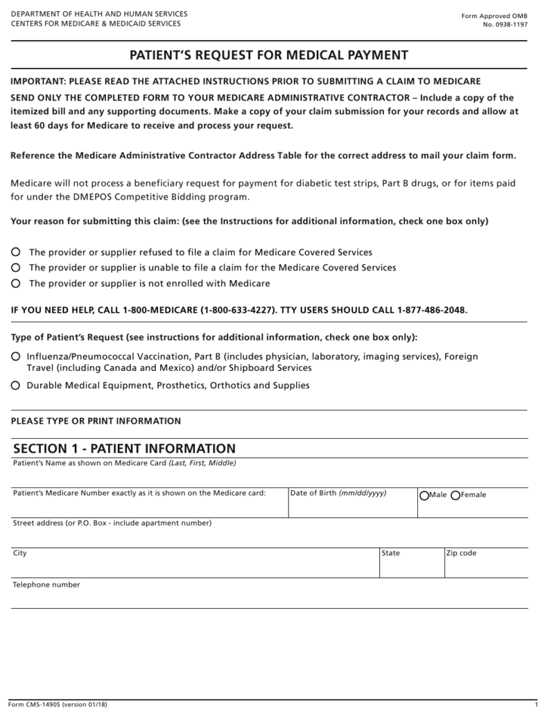 Form CMS 1490S Download Fillable PDF Or Fill Online Patient s Request 