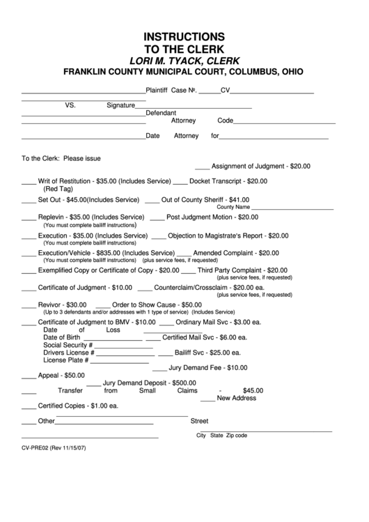 Form Cv Pre02 Instructions To The Clerk Franklin County Municipal